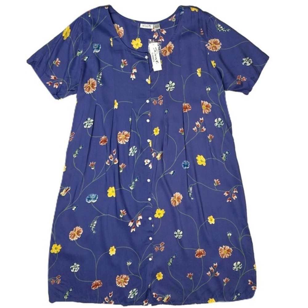 NEW! Vtg Sante Blue Floral Full Button 3X Midi Dress Short Slve Cottage Teacher